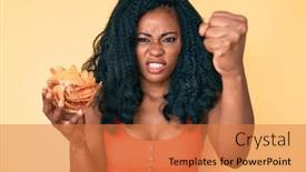  Presentation with nachos - Cool new presentation theme with beautiful-african-woman-holding-nachos backdrop and a coral colored foreground
