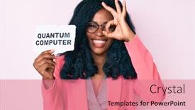  Presentation with quantum computer - Beautiful presentation featuring beautiful-african-woman-holding-quantum backdrop and a coral colored foreground