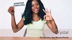  Presentation with quantum computer - Colorful PPT layouts enhanced with beautiful-african-woman-holding-quantum backdrop and a coral colored foreground