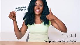  Presentation with quantum computer - Beautiful PPT layouts featuring beautiful-african-woman-holding-quantum backdrop and a coral colored foreground