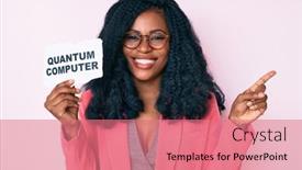  Presentation with quantum computer - Cool new PPT layouts with beautiful-african-woman-holding-quantum backdrop and a coral colored foreground