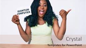  Presentation with quantum computer - Beautiful PPT layouts featuring beautiful-african-woman-holding-quantum backdrop and a coral colored foreground