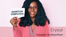  Presentation with quantum computer - PPT layouts with beautiful-african-woman-holding-quantum background and a coral colored foreground