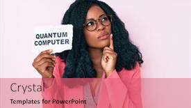  Presentation with quantum computer - Audience pleasing presentation design consisting of beautiful-african-woman-holding-quantum backdrop and a coral colored foreground