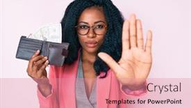  Presentation with defense - Beautiful presentation theme featuring beautiful-african-woman-holding-wallet backdrop and a coral colored foreground