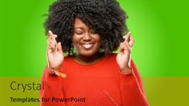  Presentation with good luck - Slide deck enhanced with beautiful african woman with crossed fingers asking for good luck background and a red colored foreground