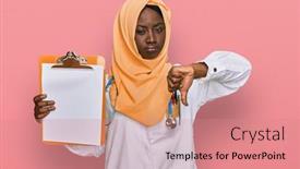  Presentation with clipboard stethoscope - Slide deck having beautiful-african-young-woman-wearing background and a coral colored foreground