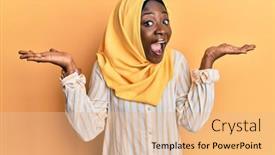  Presentation with islamic - Presentation theme featuring beautiful-african-young-woman-wearing background and a coral colored foreground