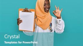  Presentation with clipboard stethoscope - PPT theme having beautiful-african-young-woman-wearing background and a teal colored foreground