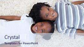  Presentation with heads - Colorful PPT layouts enhanced with beautiful afro-american brother and sister on floor with heads together backdrop and a sky blue colored foreground