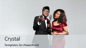  Presentation with afro - Audience pleasing PPT layouts consisting of beautiful afro american couple singing backdrop and a light gray colored foreground