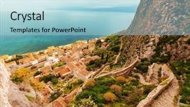  Presentation with ancient greece - Audience pleasing presentation design consisting of beautiful ancient town monemvasia greece backdrop and a light blue colored foreground