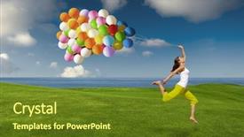  Presentation with swimming beautiful girl swims underwater - Slides with beautiful and athletic girl jumping with balloons on a green meadow background and a tawny brown colored foreground