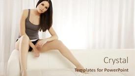  Presentation with female - Theme having beautiful and attractive young adult female brunette sporty woman posing in grey shirt on the white sofa in apartment background and a lemonade colored foreground