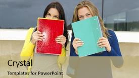  Presentation with at risk high school students - Beautiful presentation design featuring beautiful and happy teenagers students covering the faces with school books backdrop and a coral colored foreground