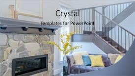  Presentation with story - Slide deck with beautiful and large living room interior with hardwood floors and vaulted ceiling in new luxury home view of entryway and second story loft style area background and a light blue colored foreground