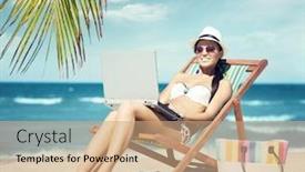  Presentation with sexy girl - Slide deck enhanced with beautiful and sexy girl with laptop relaxing on the beach traveling vacation holiday concept background and a coral colored foreground