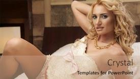  Presentation with luxury fashion - Presentation design with beautiful and sexy sensuality young adult blonde woman wearing elegance fashion table lingerie corset on the bed in luxury style apartment background and a coral colored foreground