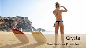  Presentation with sexy girl - Presentation theme with beautiful and sexy surfer girl checking the waves background and a coral colored foreground