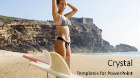  Presentation with sexy girl - Audience pleasing slide set consisting of beautiful and sexy surfer girl checking the waves backdrop and a soft green colored foreground