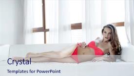  Presentation with sexy - PPT layouts consisting of beautiful and sexy young adult sensuality brunette woman in red bikini on the white sofa in luxury apartment background and a sky blue colored foreground