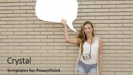  Presentation with thought - PPT theme consisting of beautiful and young teenager holding a thought balloon in front of a brick wall background and a mint green colored foreground