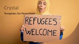 Presentation with refugees - Presentation design consisting of beautiful-arab-woman-wearing-islamic background and a yellow colored foreground