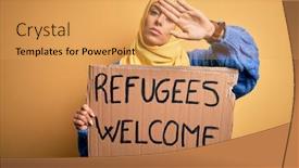  Presentation with refugees - Colorful presentation theme enhanced with beautiful-arab-woman-wearing-islamic backdrop and a yellow colored foreground