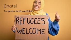  Presentation with refugees - Presentation theme with beautiful-arab-woman-wearing-islamic background and a yellow colored foreground