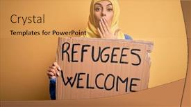  Presentation with refugees - Colorful PPT layouts enhanced with beautiful-arab-woman-wearing-islamic backdrop and a yellow colored foreground