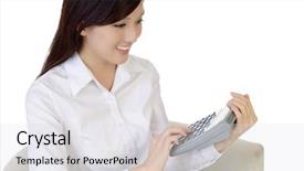  Presentation with business calculator - Presentation design having beautiful asian business woman with calculator on white background background and a light gray colored foreground