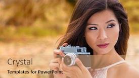  Presentation with beautiful green - PPT theme featuring beautiful asian chinese girl or young woman wearing summer dress outside in green environment taking pictures or photographs in autumn or fall with a retro style camera background and a coral colored foreground