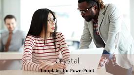  Presentation with senior asian - Beautiful slide set featuring beautiful asian employee sitting at office desk and listening to her middle-aged senior with attention while he explaining her operating principle of computer program backdrop and a coral colored foreground