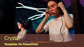  Presentation with club - PPT theme enhanced with beautiful-asian-girl-in-headphones background and a tawny brown colored foreground