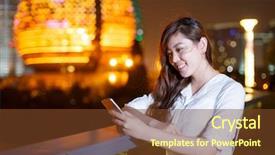  Presentation with railing - PPT theme consisting of beautiful asian girl using mobilephone leaning against railing on square at night background and a tawny brown colored foreground