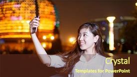  Presentation with railing - Beautiful presentation theme featuring beautiful asian girl using mobilephone leaning against railing on square at night backdrop and a tawny brown colored foreground