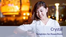  Presentation with railing - Slides consisting of beautiful asian girl using mobilephone leaning against railing on square at night background and a sky blue colored foreground