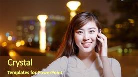  Presentation with railing - PPT theme enhanced with beautiful asian girl using mobilephone leaning against railing on square at night background and a tawny brown colored foreground