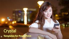  Presentation with railing - Cool new PPT theme with beautiful asian girl using mobilephone leaning against railing on square at night backdrop and a tawny brown colored foreground