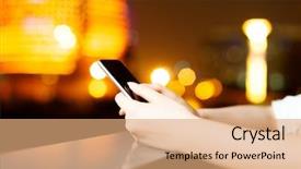  Presentation with railing - Colorful theme enhanced with beautiful asian girl using mobilephone leaning against railing on square at night backdrop and a coral colored foreground