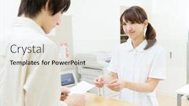  Presentation with staff - Amazing PPT theme having beautiful asian hospital staff backdrop and a light gray colored foreground