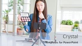 Presentation with influencer - Audience pleasing slide deck consisting of beautiful asian influencer woman recording make up tutorial using smartphone camera serious face thinking about question very confused idea backdrop and a light blue colored foreground