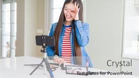  Presentation with influencer - Slide set enhanced with beautiful asian influencer woman recording make up tutorial using smartphone camera doing ok gesture with hand smiling eye looking through fingers with happy face background and a light gray colored foreground