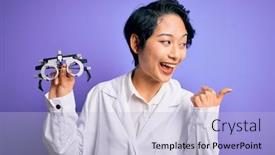  Presentation with optometry - Beautiful PPT theme featuring beautiful-asian-optical-girl-wearing backdrop and a light blue colored foreground
