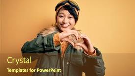  Presentation with hands heart - Slide set with beautiful-asian-skier-girl-wearing background and a tawny brown colored foreground