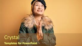  Presentation with praying hands - Amazing presentation theme having beautiful-asian-skier-girl-wearing backdrop and a tawny brown colored foreground