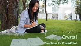  Presentation with notebook paper - Slide deck featuring beautiful asian student keeping records background and a tawny brown colored foreground