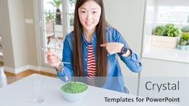  Presentation with peas - PPT theme consisting of beautiful asian woman eating fresh green peas with surprise face pointing finger to himself background and a light blue colored foreground