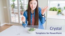  Presentation with fresh green broccoli - Slide deck with beautiful asian woman eating green background and a  colored foreground