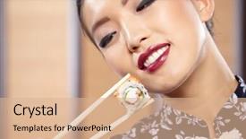  Presentation with asian chopsticks - PPT layouts consisting of beautiful asian woman eating sushi with chopsticks background and a coral colored foreground